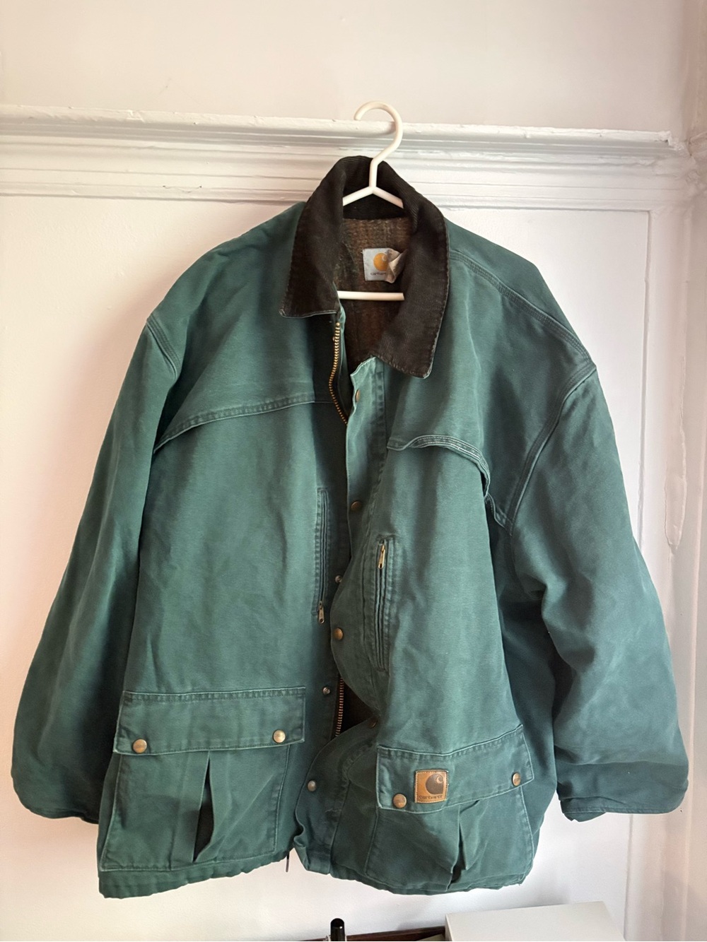 Carhartt Teal Duck Canvas Work Jacket with Dark Brown Corduroy Collar